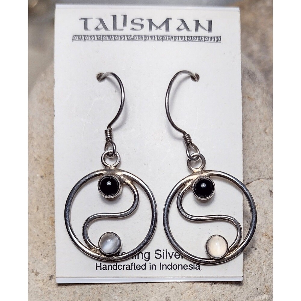 Talisman Sterling Silver .925 Onyx Moonstone Yin Yang Earrings